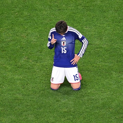 Japan's Daichi Kamada (15) points to the sky after the World Cup Group F soccer match between the Netherlands and Japan in Arlington, Texas, near Dallas, Sunday, June 14, 2026. (AP Photo/Jessica Tobias)