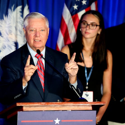 Republican U.S. Sen. Lindsey Graham speaks after winning the Republican primary on Tuesday, June 9, 2026, in Columbia, S.C. (AP Photo/Jeffrey Collins)