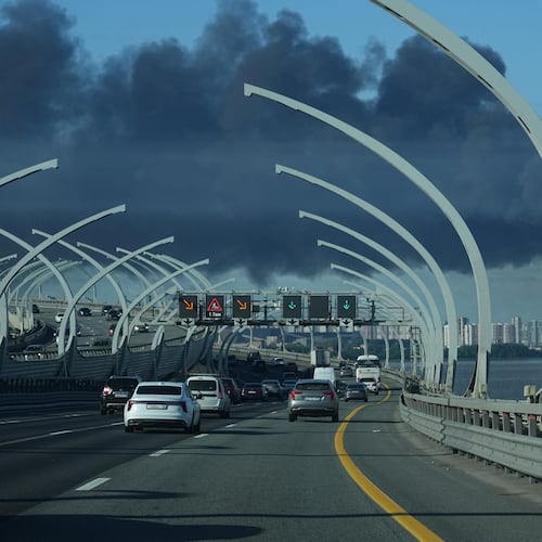 A plume of black smoke is seen over the port of St. Petersburg, Russia, Wednesday, June 3, 2026, after a Ukrainian drone attack. (AP Photo)