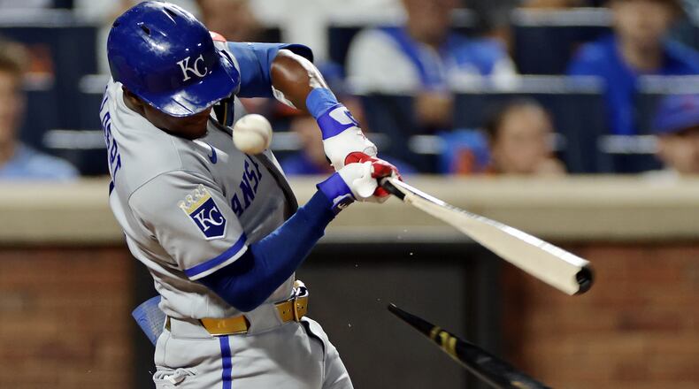 Kansas City Royals' Tyler Tolbert breaks his bat on a foul ball during the fifth inning of a baseball game against the New York Mets, Tuesday, July 7, 2026, in New York. (AP Photo/Adam Hunger)