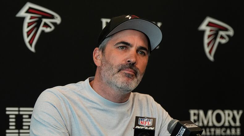 Head Coach Kevin Stefanski speaks during an Atlanta Falcons NFL media availability, Wednesday, April 8, 2026, in Flowery Branch, Ga. (AP Photo/Mike Stewart)