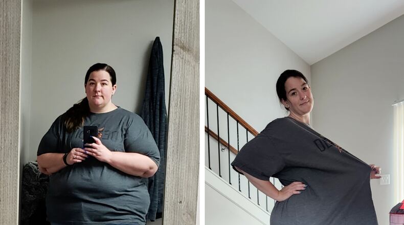 The photo of Jaci Wright on the left was taken in April 2019. A month earlier, she received a diagnosis of diabetes, with an A1C of 11.3. She responded by buying a Fitbit. “Diabetes saved my life, which is really weird to say, but it motivated me when nothing else did," Wright said. "By my one-year celebration, I was down 150 pounds.” The photo on the right was taken earlier this year, and Wright is no longer considered diabetic. (Photos contributed by Jaci Wright).