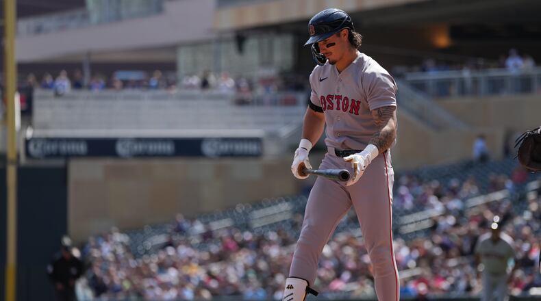 Boston Red Sox's Jarren Duran walks back to the dugout after striking out during the first inning of a baseball game against the Minnesota Twins Wednesday, April 15, 2026, in Minneapolis. (AP Photo/Abbie Parr)