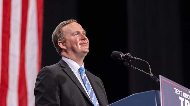 Georgia congressional candidate Brian Jack speaks at Republican presidential candidate Donald Trump’s rally at Cobb Energy Performing Arts Center in Cobb County on Tuesday, October 15, 2024. (Arvin Temkar / AJC)