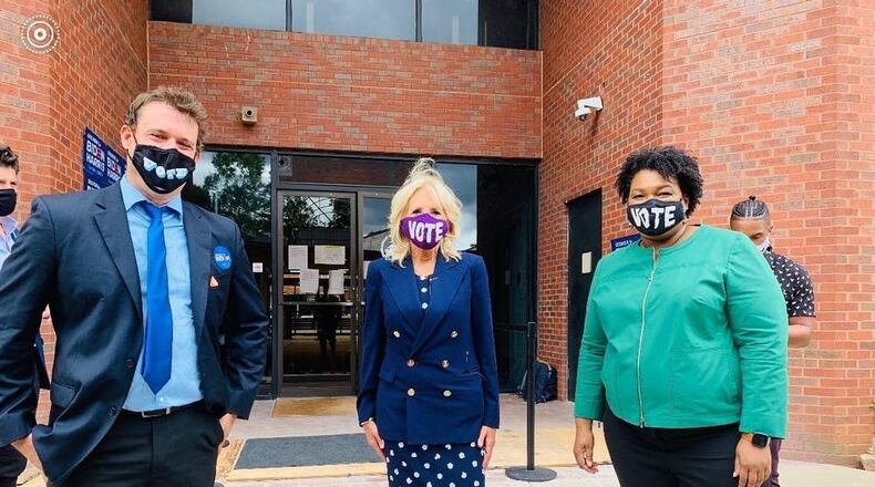 Scott Hogan, executive director of the Democratic Party of Georgia, (left) poses with Jill Biden and Stacey Abrams during a campaign event in Decatur in October 2020. Photo courtesy of Biden campaign.