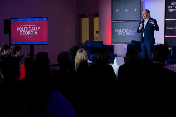 AJC Publisher Andrew Morse speaks to the audience at the Martin Luther King Jr. Memorial Library ahead of a live-to-tape recording of the "Politically Georgia" podcast in Washington, D.C., on Feb. 6, 2025. (Nathan Posner for the AJC)