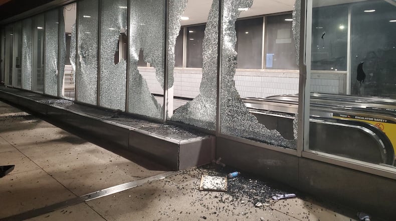 Vandals broke windows at MARTA's Peachtree Center station Saturday night. The agency will suspend service Monday night inside Atlanta, but continue to provide service outside the city. (MARTA PHOTO)