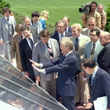 President Jimmy Carter shows off the “solar system” that was installed on the roof of the White House during his administration. Dedicated in June 1979, the 32 thermal collectors were visible from Pennsylvania Avenue and supplied solar heated water that was primarily used in the White House mess kitchen. The solar panels were removed from the roof during President Ronald Reagan’s administration in 1986. Photo courtesy of the Jimmy Carter Presidential Library