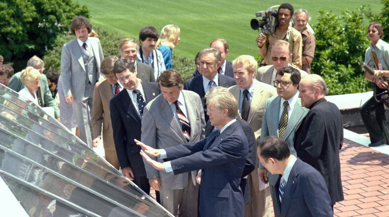 President Jimmy Carter showed off the “solar system” that was installed on the roof of the White House and dedicated on June 20, 1979. Exactly 38 years later, solar panels were unveiled on the roof of the former president’s library in Atlanta. Photo courtesy of the Jimmy Carter Presidential Library