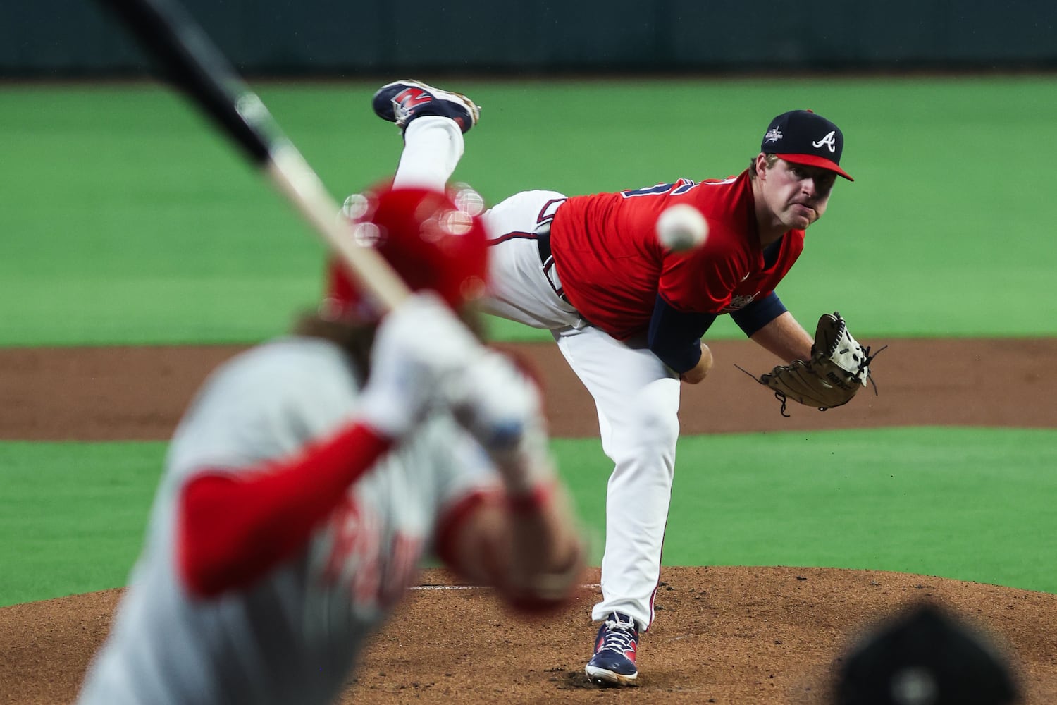 The Braves' Bryce Elder pitches during the first inning against the Philadelphia Phillies at Truist Park on Friday, June 27, 2025, in Atlanta. (Abbey Cutrer/AJC)