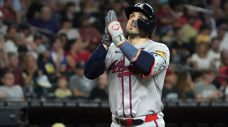 Atlanta Braves' Adam Duval reacts after hitting a three-run home run against the Arizona Diamondbacks in the sixth inning during a baseball game Tuesday, July 9, 2024, in Phoenix. (AP Photo/Rick Scuteri)