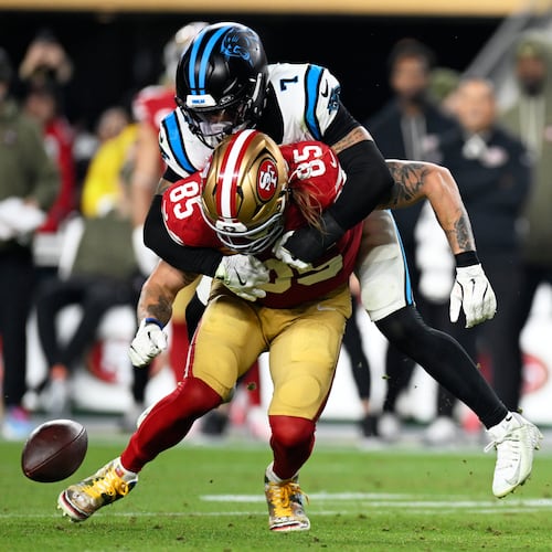 Carolina Panthers safety Tre'Von Moehrig breaks up a pass intended for San Francisco 49ers tight end George Kittle during the first half an NFL football game, Monday, Nov. 24, 2025, in Santa Clara, Calif. (AP Photo/Eakin Howard)