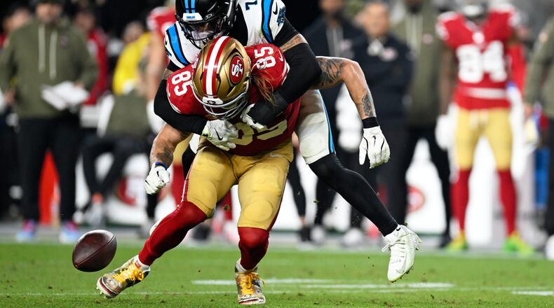 Carolina Panthers safety Tre'Von Moehrig breaks up a pass intended for San Francisco 49ers tight end George Kittle during the first half an NFL football game, Monday, Nov. 24, 2025, in Santa Clara, Calif. (AP Photo/Eakin Howard)