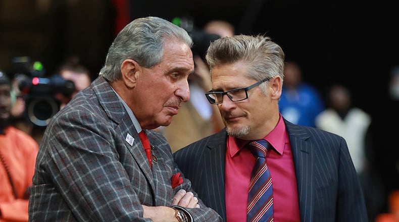Falcons owner Arthur Blank (left) confers with general manager Thomas Dimitroff in the final minutes of a 37-10 loss to the Los Angeles Rams Sunday, Oct. 20, 2019, at Mercedes-Benz Stadium in Atlanta. The loss put Atlanta's record at 1-6 on the season.