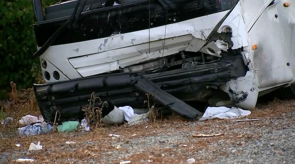 This image provided by KABC-TV shows a crashed tour bus after colliding with a sport utility vehicle, Sunday, May 11, 2025 in Los Angeles. (KABC-TV via AP)