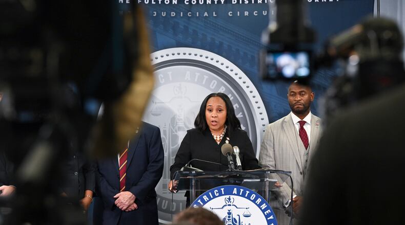FILE — Fulton County District Attorney Fani Willis holds a press conference announcing the indictment of former President Donald Trump, in Atlanta, Ga., on Monday, Aug. 14, 2023. Willis accused Rep. Jim Jordan (R-Ohio) of trying to obstruct her prosecution of the racketeering case against Donald Trump and his allies. (Kenny Holston/The New York Times)