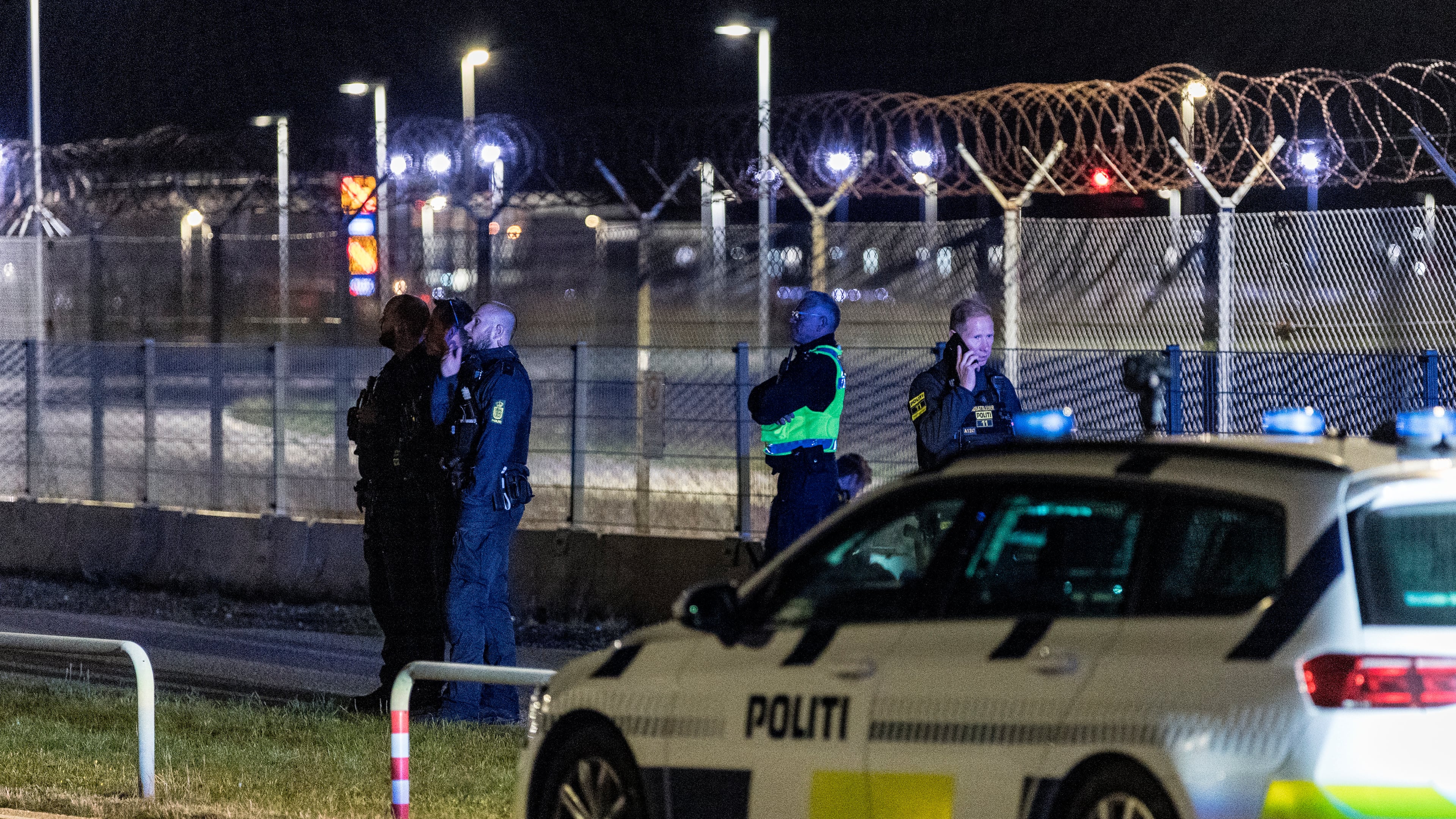 Danish police patrol at Copenhagen Airport, Denmark, Monday Sept. 22, 2025. (Steven Knap/Ritzau Scanpix via AP)