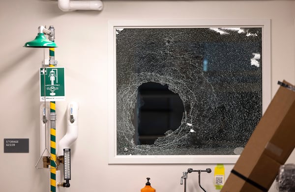 A shattered window is seen inside the Interdisciplinary Engineering Building on University of Washington's campus after pro-Palestinian protesters occupied the building, Tuesday, May 6, 2025, in Seattle. (Nick Wagner/The Seattle Times via AP)