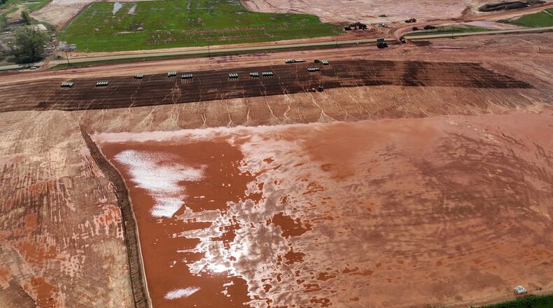 Aerial photograph shows the 2,000-acre Rivian factory site in southern Walton and Morgan counties on Thursday, March 30, 2023, in Social Circle. (Hyosub Shin / Hyosub.Shin@ajc.com)