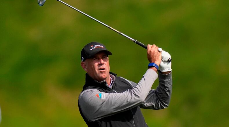 FILE - Stewart Cink hits from the first fairway during the second round of the PGA Championship golf tournament at Aronimink Golf Club May 15, 2026, in Newtown Square, PA. (AP Photo/Frank Franklin II, File)