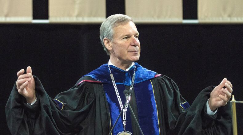 President G.P. “Bud” Peterson speaks to the crowd during the Georgia Tech graduation commencement ceremony at the McCamish Pavilion Saturday, May 5, 2018. STEVE SCHAEFER / SPECIAL TO THE AJC.