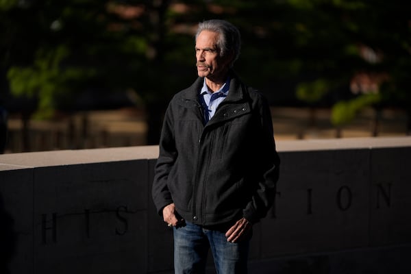 FILE - Bombing survivor Dennis Purifoy stands during an interview at the Oklahoma City National Memorial & Museum in Oklahoma City on March 12, 2025. (AP Photo/LM Otero, File)