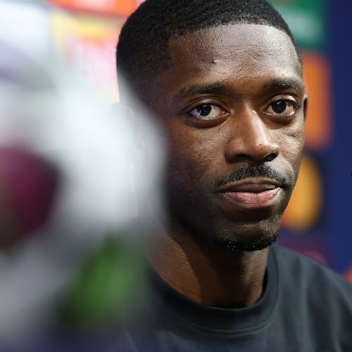Paris Saint-Germain's Ousmane Dembele meets the media ahead of the Champions League final soccer match between Paris Saint-Germain (PSG) and Arsenal, in Budapest, Friday 29, 2026. (Franck Fife, Pool Photo via AP)