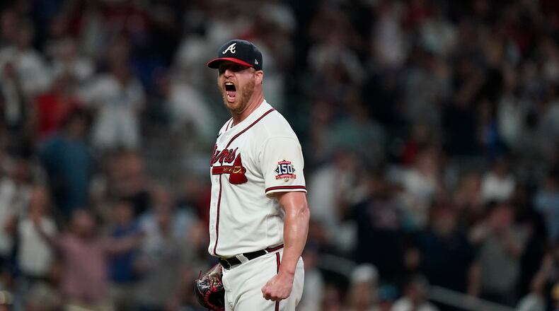 Atlanta Braves relief pitcher Will Smith (51) celebrates the win against the Los Angeles Dodgers in the ninth inning of a baseball game Saturday, June 5, 2021, in Atlanta. (Brynn Anderson/AP)