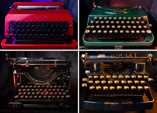 Tom Rehkopf’s  typewriter collection includes a 1970 Olivetti Valentine, top left, a 1930 Remington Portable #3, top right, a 1908 Underwood #5, bottom left and a 1934 Bar-Let, bottom right.