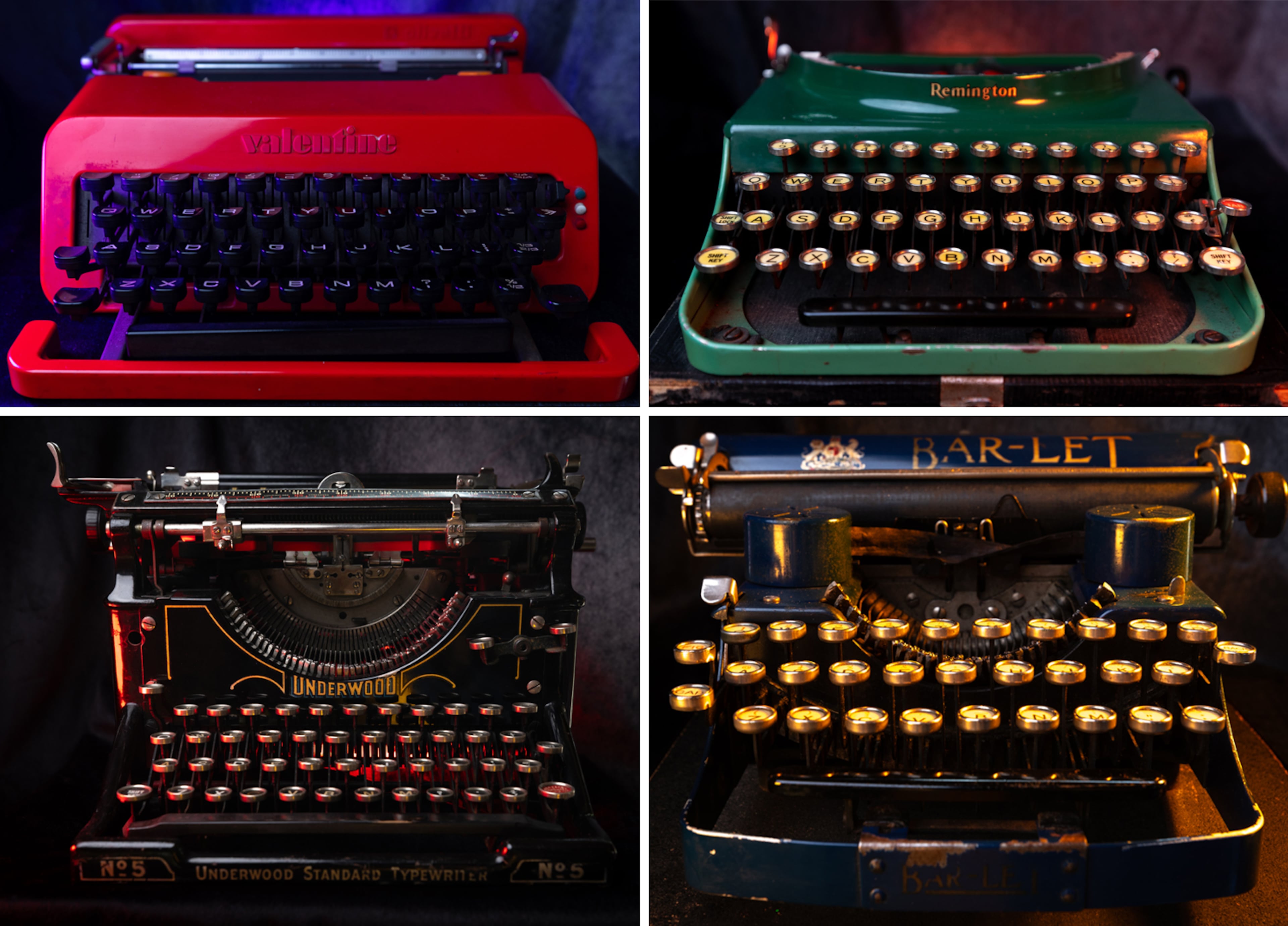 Tom Rehkopf’s typewriter collection includes a 1970 Olivetti Valentine, top left, a 1930 Remington Portable #3, top right, a 1908 Underwood #5, bottom left and a 1934 Bar-Let, bottom right.