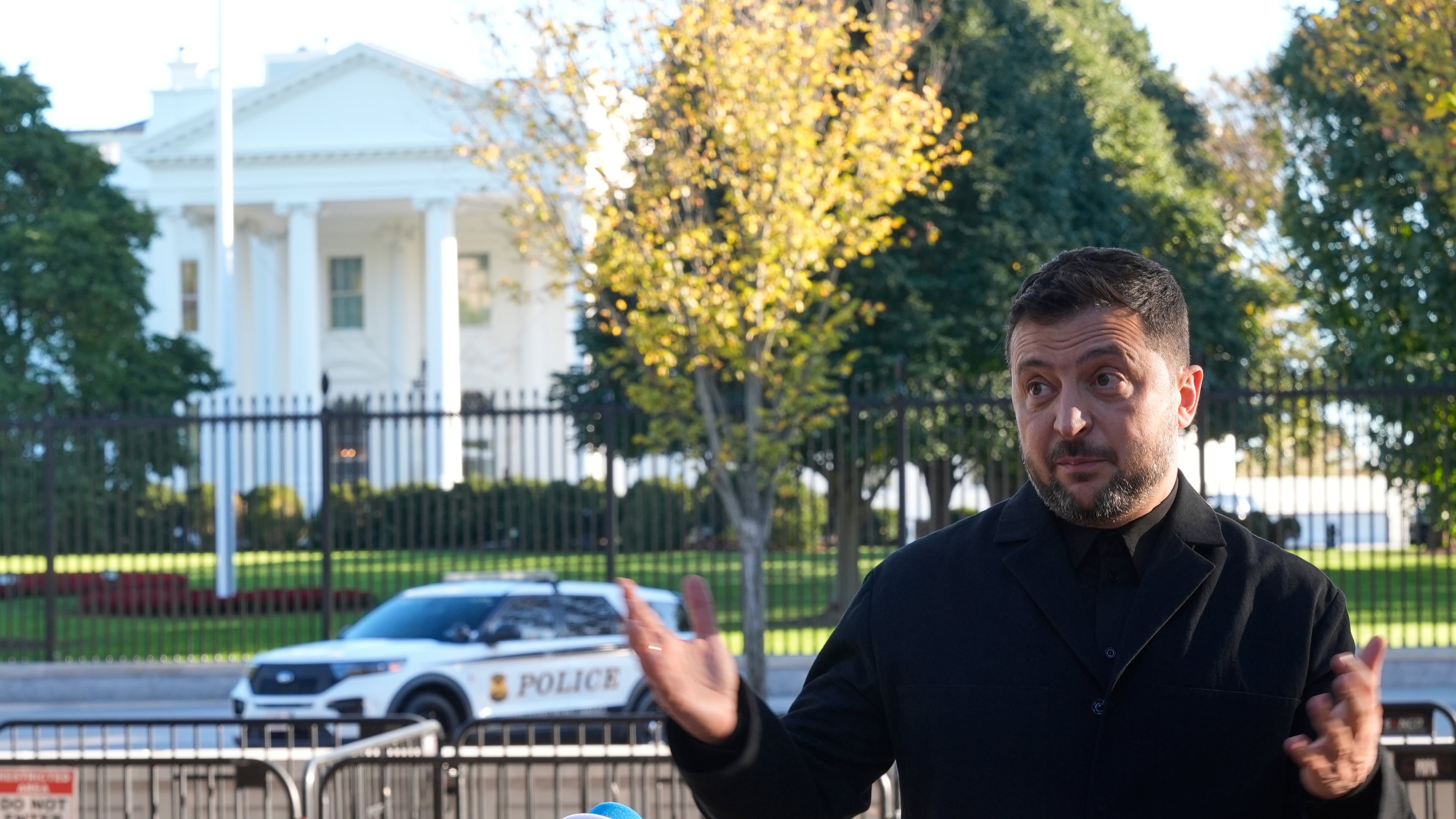 Ukraine's President Volodymyr Zelenskyy speaks to reporters in Lafayette Park across the street from the White House, following a meeting with President Donald Trump, Friday, Oct. 17, 2025, in Washington. (AP Photo/Manuel Balce Ceneta)