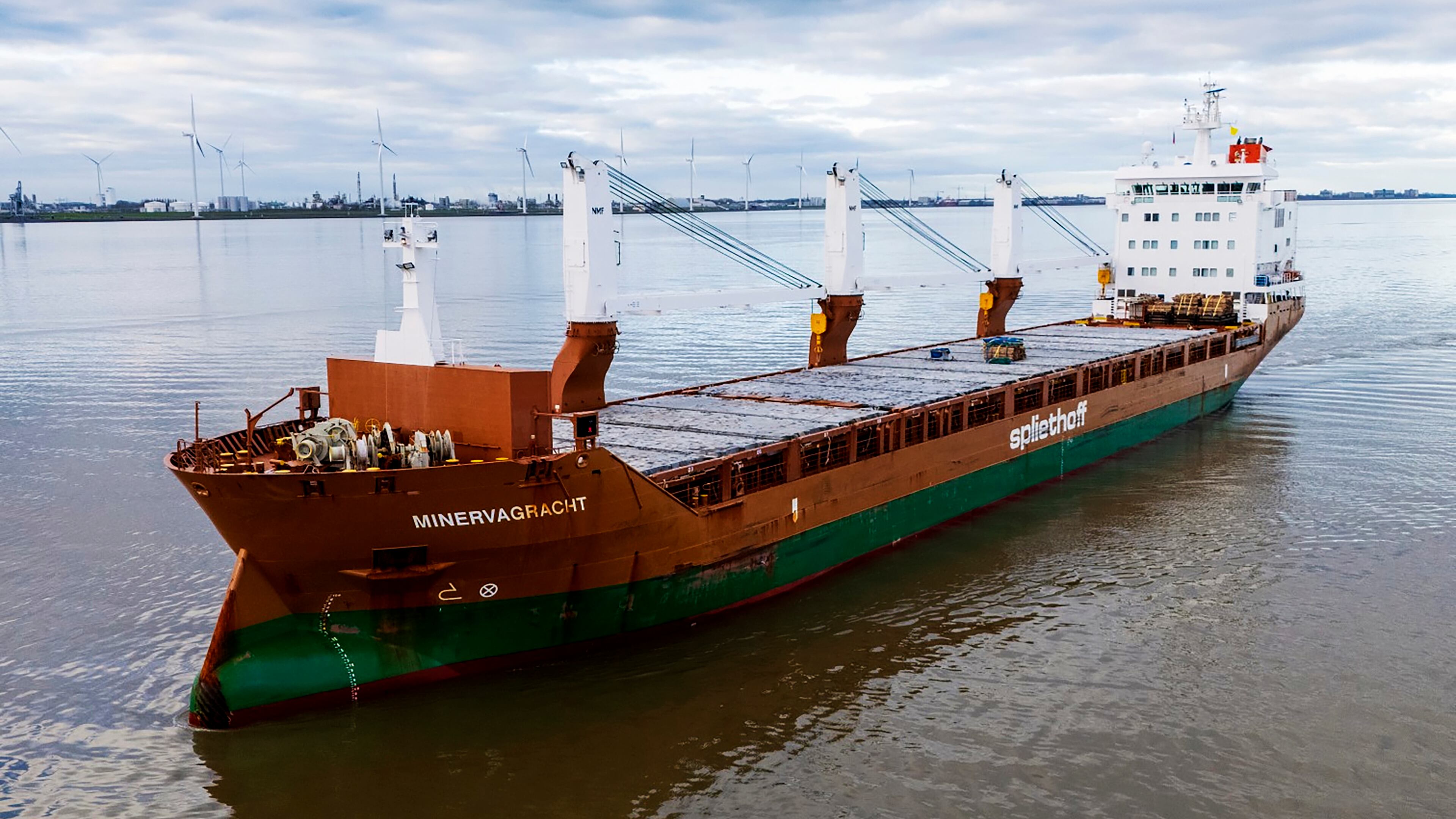 In this Jan. 12, 2025, photo from Mark Prummel, the Netherlands-flagged cargo ship Minervagracht is seen off Delfzijl, the Netherlands. (Mark Prummel via AP)