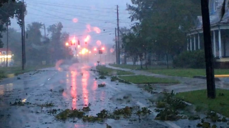 Sunrise revealed a messy, empty downtown Valdosta on Monday morning ahead of Irma's worst for South Georgia.