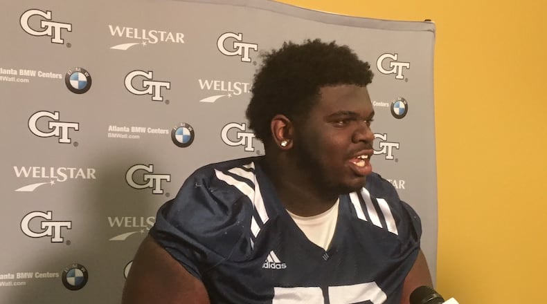 Georgia Tech nose tackle Brandon Adams speaks with media after practice October 8, 2018. (Ken Sugiura/AJC)
