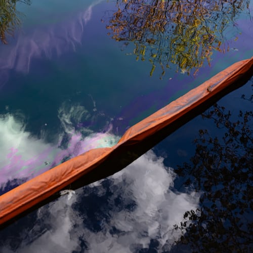 Oil runoff from the UPS plane crash is seen in a waterway known as Northern Ditch, Saturday, Nov. 8, 2025, in Louisville, Ky. (AP Photo/Jon Cherry)