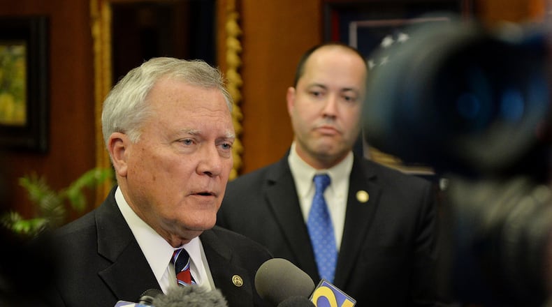 JANUARY 6, 2014 ATLANTA Governor Nathan Deal announces that Mercedes will relocate its corporate headquarters to Georgia during a press conference in his office at the Capitol Tuesday, January 6, 2015. Chris Carr, commissioner for economic development, also gave remarks. KENT D. JOHNSON/ KDJOHNSON@AJC.COM Gov. Nathan Deal at a press conference. AJC file/Kent D. Johnson