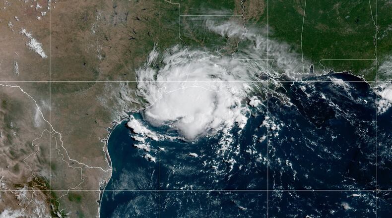 This satellite image provided by NOAA shows Tropical Storm Edouard over the Gulf of Mexico, Tuesday, Sept. 1, 2026. (NOAA via AP)