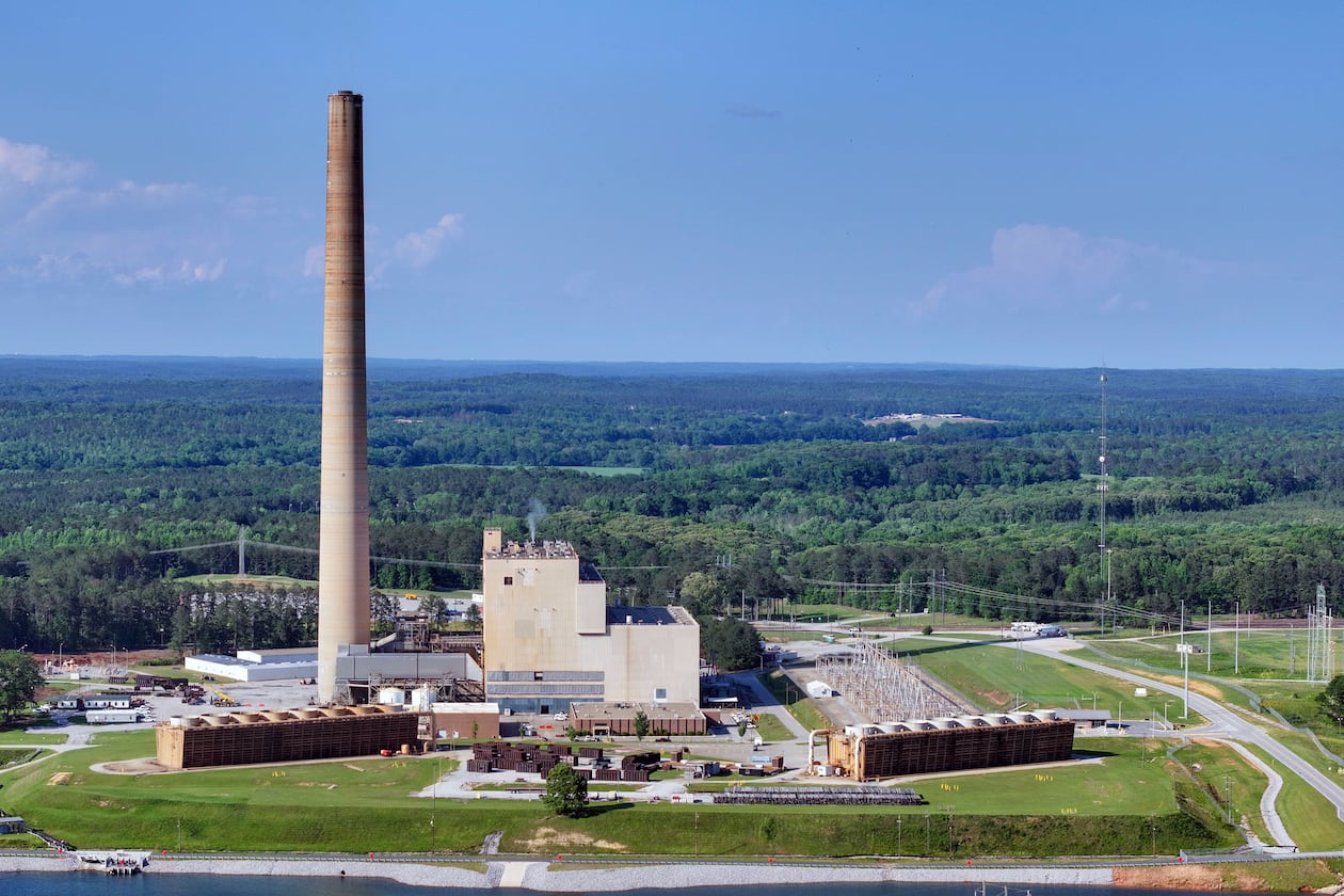 A drone image taken on Thursday, May 8, 2025, shows the Yates Power Plant in Newnan, Georgia. The plant has caught the attention of developers who want to build a large data center nearby, covering 4.9 million square feet. This proposed site is close to a big wooded area, and some local residents have shared their worries about the project. **This photo is to be used only with stories from The Atlanta Journal-Constitution.** (Miguel Martinez/AJC)
