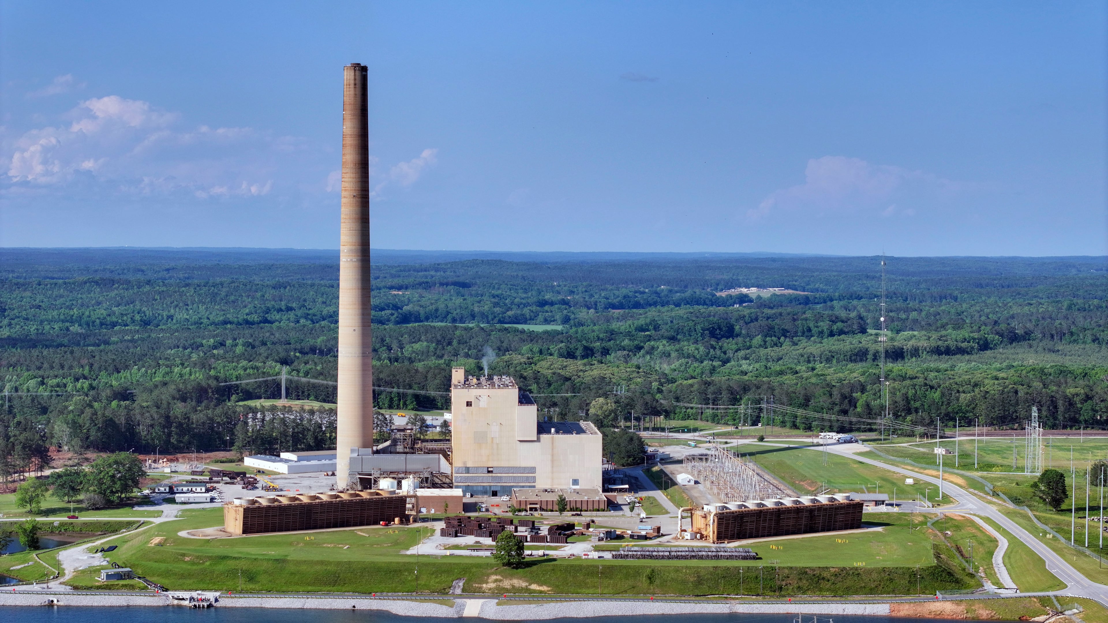 A drone image shows Georgia Power's Plant Yates in Newnan. Lately, the company has projected that peak demand for its electricity could increase by 8,200 megawatts as soon as the winter of 2031. (Miguel Martinez/AJC)