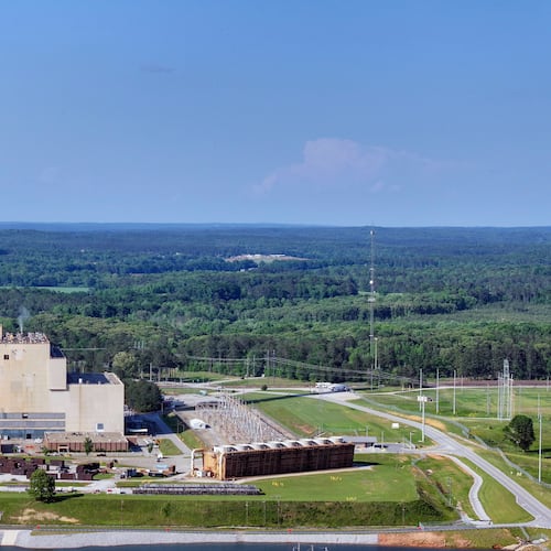 A drone image taken on Thursday, May 8, 2025, shows the Yates Power Plant in Newnan, Georgia. The plant has caught the attention of developers who want to build a large data center nearby, covering 4.9 million square feet. This proposed site is close to a big wooded area, and some local residents have shared their worries about the project. **This photo is to be used only with stories from The Atlanta Journal-Constitution.** (Miguel Martinez/AJC)