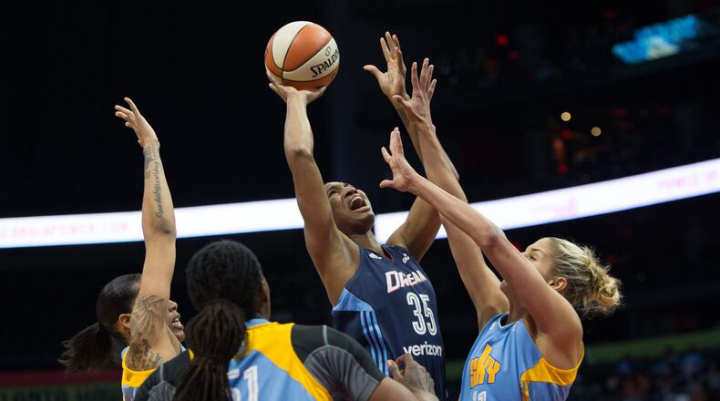 Atlanta Dream forward Angel McCoughtry (35) attempts a shot during a game between the Atlanta Dream and Chicago Sky at Phillips Arena, Sunday, May 22, 2016, in Atlanta. The Atlanta Dream defeated Chicago Sky 87-81. BRANDEN CAMP/SPECIAL
