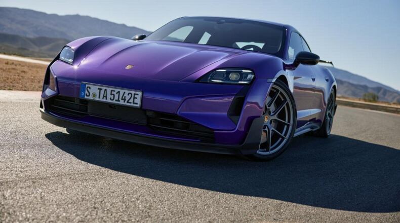 A Porsche Taycan Turbo GT with the Weissach package is shown.