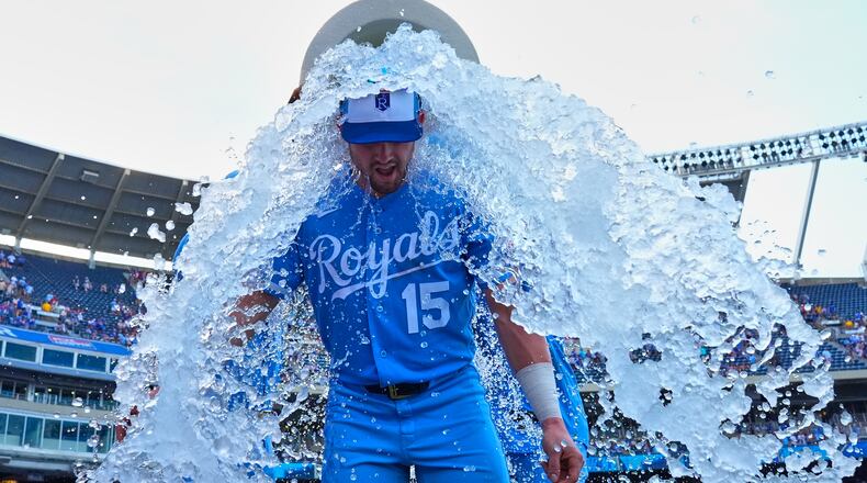 The Royals' Lane Thomas is doused by teammates after beating the Padres on Saturday, July 18, 2026, in Kansas City, Mo. The Braves acquired Thomas and Bailey Falter on Saturday. (Charlie Riedel/AP)
