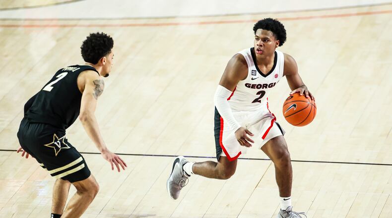Georgia basketball player Sahvir Wheeler (2) during a game against Vanderbilt at Stegeman Coliseum in Athens, Ga., on Saturday, Feb. 6, 2021. (Photo by Tony Walsh)