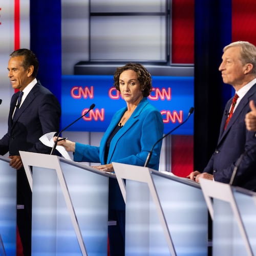 From left to right, Antonio Villaraigosa, Katie Porter, Tom Steyer and Steve Hilton participate in a California gubernatorial debate hosted by CNN at East Los Angeles College in Monterey Park, Calif. Tuesday, May 5, 2026. (AP Photo/Ethan Swope)