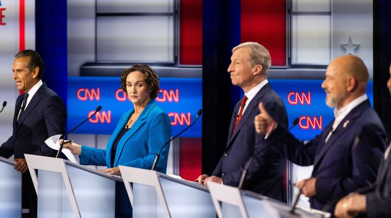 From left to right, Antonio Villaraigosa, Katie Porter, Tom Steyer and Steve Hilton participate in a California gubernatorial debate hosted by CNN at East Los Angeles College in Monterey Park, Calif. Tuesday, May 5, 2026. (AP Photo/Ethan Swope)