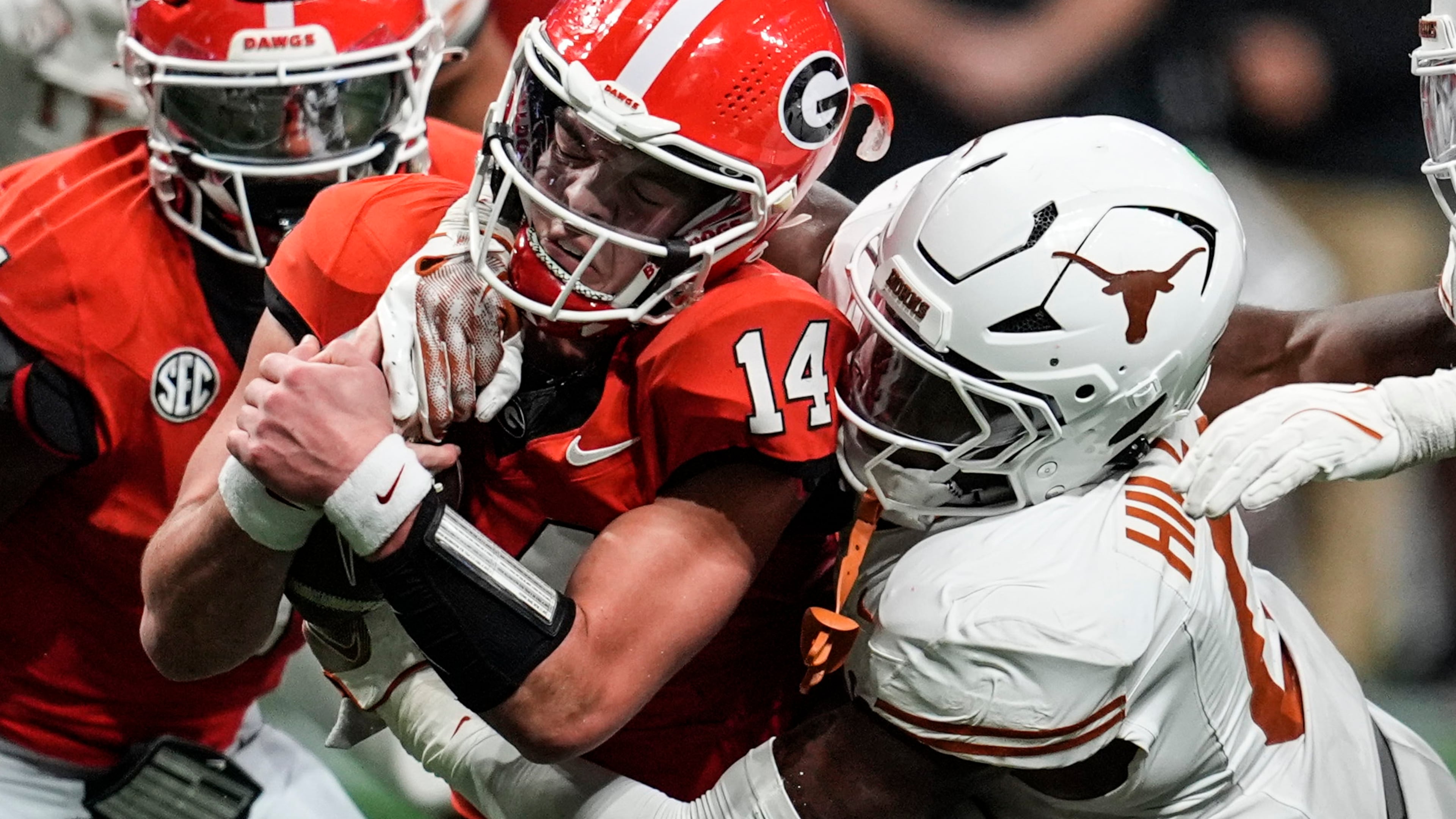 Texas and Georgia will play a rematch of their 2024 SEC title game on Saturday, and the College Football Playoff hopes of both programs are on the line. (Mike Stewart/AP)