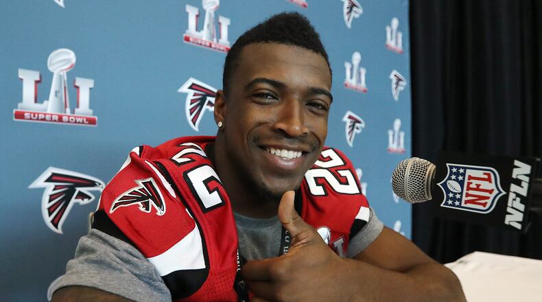 Thumbs up, youngster - Falcons safety Keanu Neal gives a big okey-dokey to Wednesday's media interview session. (Curtis Compton/ccompton@ajc.com)