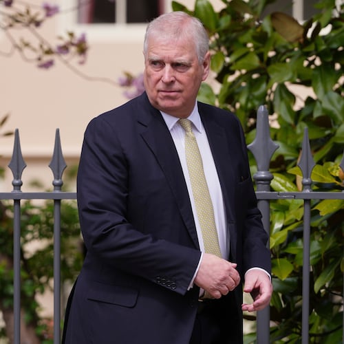 FILE - Britain's Andrew Mountbatten-Windsor, formerly known as Prince Andrew, looks round as he leaves after attending the Easter Matins Service at St. George's Chapel, Windsor Castle, England, April 20, 2025. (AP Photo/Kirsty Wigglesworth, File)