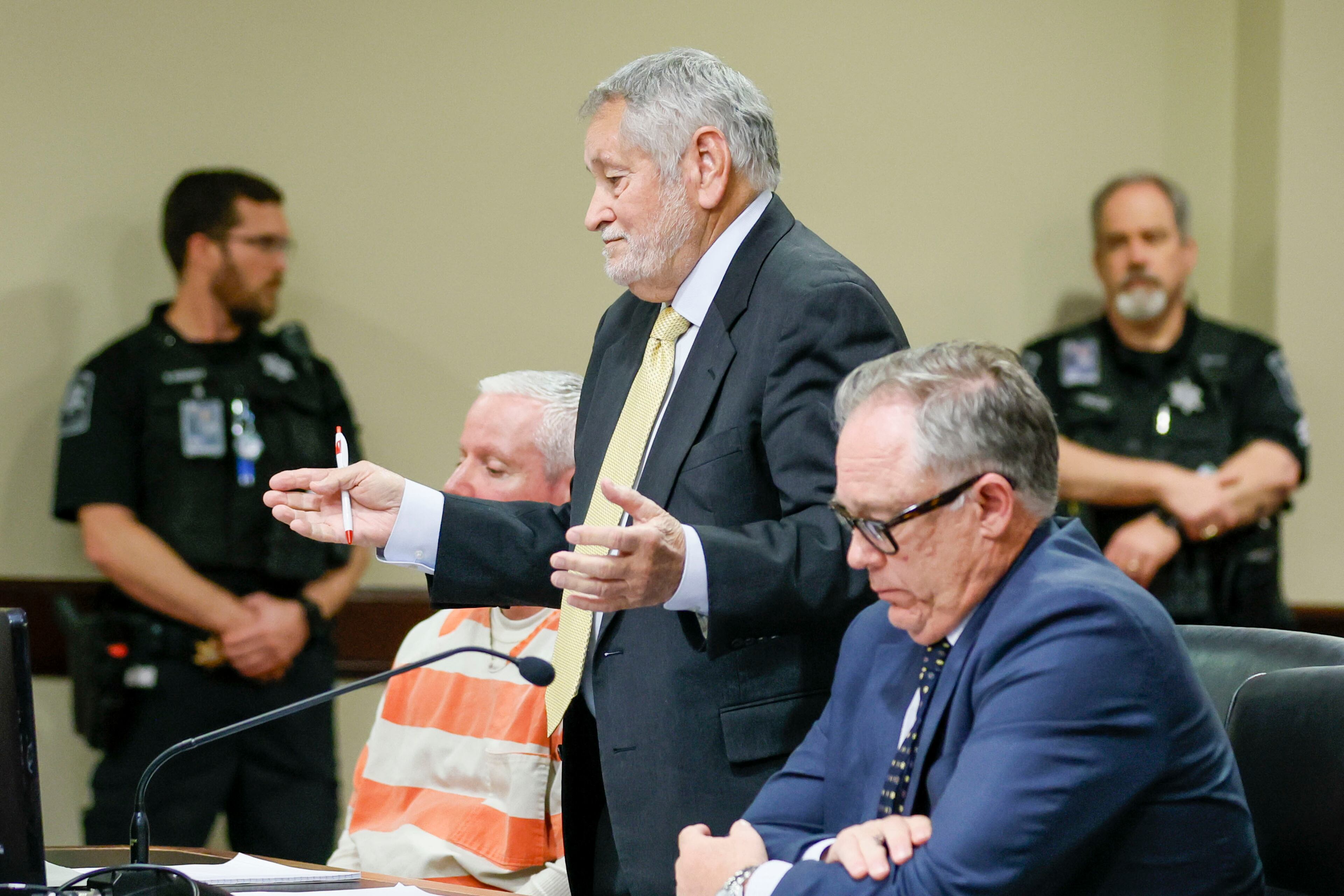 Defense attorney Jim Berry, representing Colin Gray, the father of Apalachee High School shooting suspect Colt Gray, argued with Barrow County Superior Court Judge Nicholas Primm during a court hearing on Thursday, April 17, 2025, asking the judge to relocate the trial outside of Barrow County.
(Miguel Martinez/ AJC)